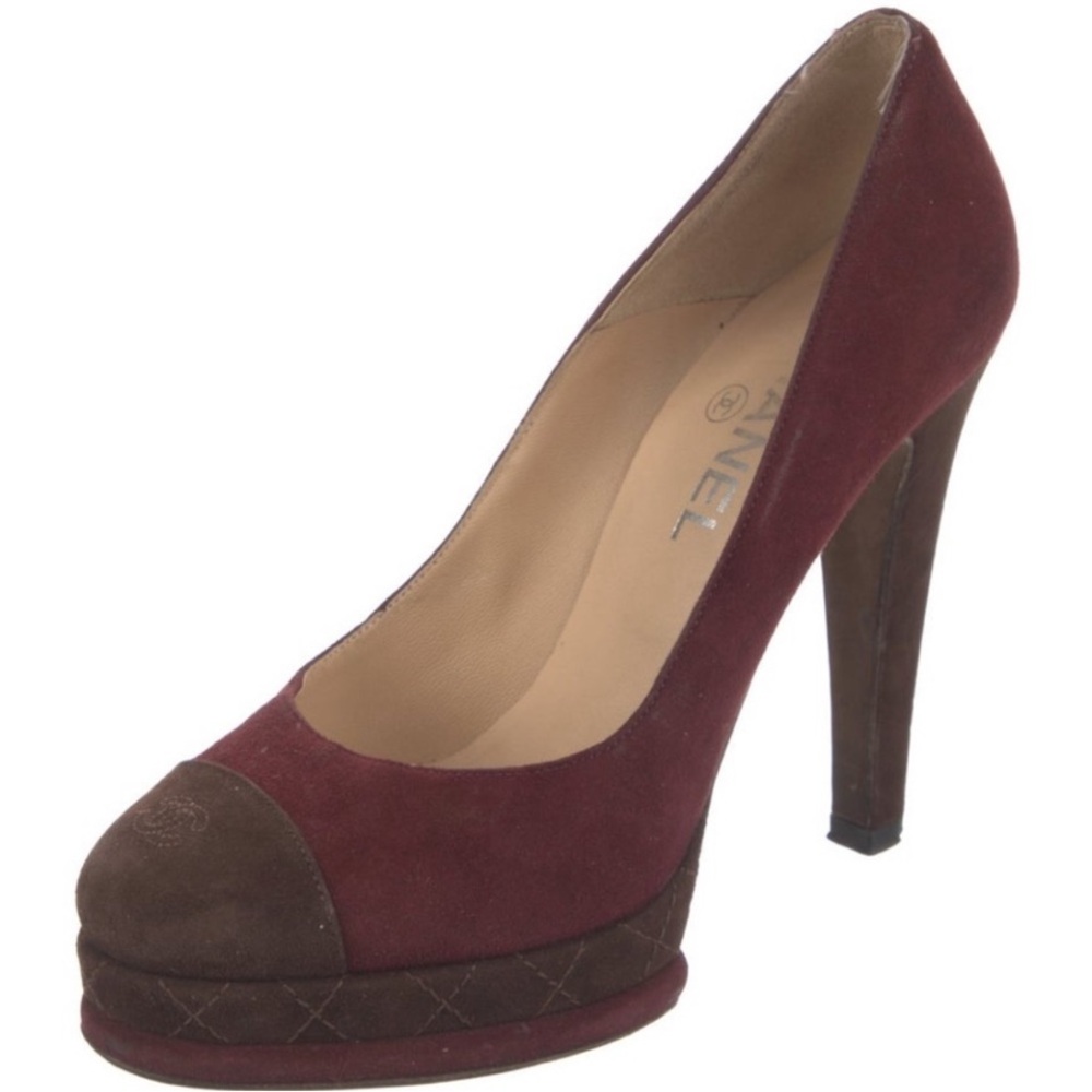Authentic CHANEL Burgundy and Brown Suede Heels 36.5/6.5